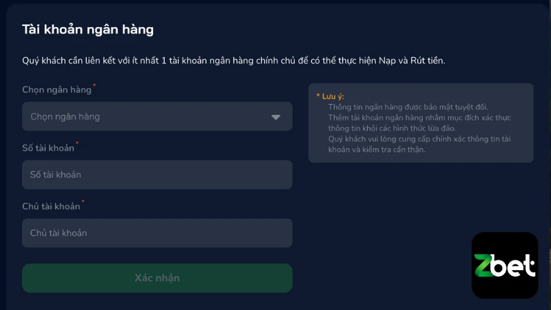 Hội viên đăng ký nhớ liên kết ví game với tài khoản ngân hàng chính chủ để tiện nạp - rút tiền về sau